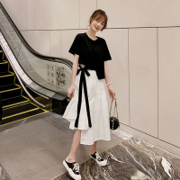新款2021年系带T恤两件套女夏洋气减龄休闲时尚不规则半身裙套装_黑色T恤_XL码建议116-130斤
