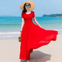 长款大摆雪纺连衣裙女2021夏新款收腰显瘦度假过膝短袖沙滩裙_浅紫色_3XL130-140斤