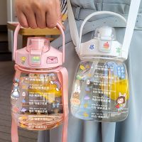 夏新款潮水杯女超大容量带吸管水壶简约便携儿童男女学生塑料杯子_简约1000ml白色