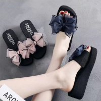 沙滩拖鞋女夏蝴蝶结厚底一字拖鞋平底防滑时尚外穿海边度假凉拖鞋_丝袜10双装_39码