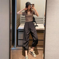 9067 S-XL 套装女夏显瘦T恤气质休闲工装裤洋气减龄时尚两件套潮_咖色上衣_XL码(建议116-130斤)