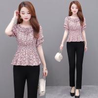 短袖碎花雪纺衫上衣女2021夏款遮肚洋气小衫收腰显瘦荷叶边娃_粉色颜色偏深,实物是粉紫色,介意_S建议80到90斤