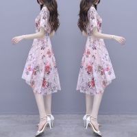 连衣裙女夏2021新款夏仙女超仙森系不规则修身印花冰丝连衣裙_天蓝色_XXS小礼品(吊带)