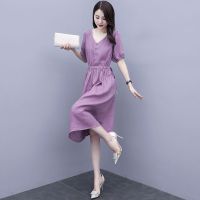 棉连衣裙女夏2021年韩版宽松显瘦过膝长裙夏天薄款短袖收腰连衣裙_藏青_收藏店铺优先发货_L_建议106-119斤