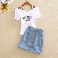 单件/套装一字领短袖T恤宽松上衣牛仔短裙小心机半身裙夏女两件_(单件T恤)白色_L