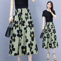 欧洲站花朵半身裙女夏2021新款宽松显瘦垂感中长款雪纺a字大摆裙_绿底黑花朵_建议80-140斤穿