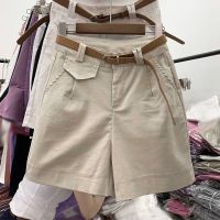 裤子女宽松百搭潮流2021新款休闲裤韩版阔腿裤短裤女夏高腰五_杏色(送腰带)_2XL建议120-135斤左右