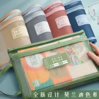 学科科目分类文件袋大容量双层拉链作业袋小学生透明网纱A4资料袋_男生款2科语数