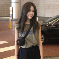 含棉无袖T恤女学生韩版宽松女装2021新款潮百搭背心军绿色上_军绿色_M
