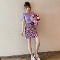 8002 S-XL 2021夏季新款半身裙两件套女洋气减龄小个子显高套装_单件格子半身裙_L码(建议106-118斤)