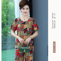 燕姐专属夏季几何冰丝妈妈装两件套休闲大码透气中老年套装_燕姐红色_ 2XL/90-120斤