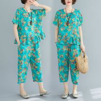 含棉2021夏季新款名族风套装女宽松显瘦上衣七分休闲哈伦裤两_红色上衣+裤子_M