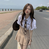 甜辣风套装夏季韩版2021新款设计感修身显瘦短款短袖衬衫女两件套_卡其百褶裙单件_M