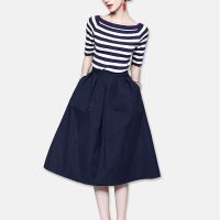 春夏装显瘦套装两件套洋气条纹上衣百褶半身裙一字肩套装_背心_S