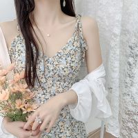 温柔淑女碎花裙吊带裙法式复古雪纺连衣裙防晒衣雪纺衫两件套装裙_白衣优质正版单件_XL建议120-135斤