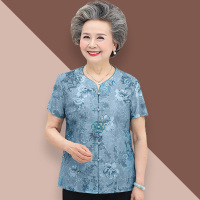 老年人夏装女奶奶装t恤上衣70岁80妈妈短袖衬衫套装夏季老人衣服_蓝色单上衣_2XL（建议110-125斤）