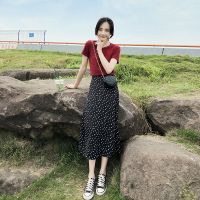 法式雪纺裙子套装夏2021新款黑色显瘦短袖T恤+波点半身裙两_黑色上衣(单件)_M85-100斤左右