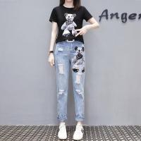 单件/套装 2021夏新两件套卡通T恤上衣+破洞亮片牛仔裤九_单件黑色T恤_XL(110-120)