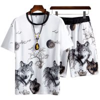 夏季男士冰丝休闲套装夏天薄款短袖短裤套装男青年男装印花衣服男_908-白凤凰上衣+短裤_3XL建议150-165斤