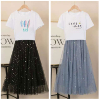 单/套装T恤 网纱半身纱裙套装两件套仙女裙2021新款中长款_红帽女孩T恤+杏色半身裙_M100斤内