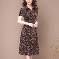 连衣裙女中长款2021春季新款洋气妈妈装显瘦衬衣领碎花过膝长裙子_红黑短袖_XL