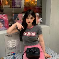 微胖mm2021夏季新款重工洗水面料大码短款猫咪短袖_灰色上衣_M90-120斤