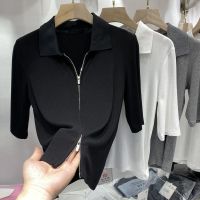 欧货polo领七分袖T恤女夏季新款韩版修身显瘦双开拉链小衫上衣潮_灰色_M建议91-100斤