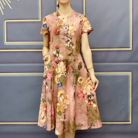 夏季短袖复古盘扣连衣裙90-165斤_香槟色_5XL140-155斤