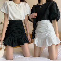 鱼尾裙半身裙女秋季2020新款高腰A字短裙褶皱包臀荷叶边白色裙子_黑色_M
