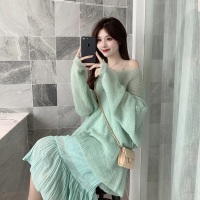 2020新款法式温柔风两件套裙子超仙绿色吊带连衣裙女秋季长裙_蓝色吊带裙_均码