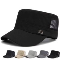 速干可调节帽子秋季男遮阳透气平顶帽太阳帽军帽鸭舌防晒网帽_红星军绿