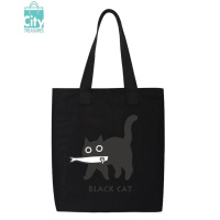 BANGDOU修猫叼鱼的小黑猫卡通帆布包袋学生手提包斜挎包购物袋子书包