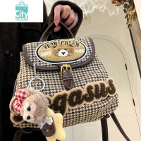 BANGDOU黑樱酱 可爱熊熊字母千鸟格mini复古vintage休闲千禧辣妹双肩包