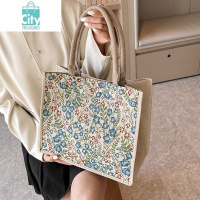 BANGDOU2024夏季新款森系文艺碎花亚麻托特包ins轻复古慵懒风单肩大包女