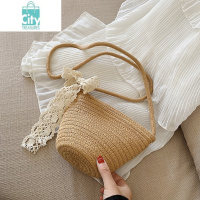 BANGDOU夏季韩版百搭编织斜挎草编女包森系蕾丝蝴蝶结海边度假单肩水桶包