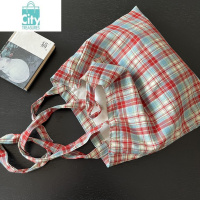 BANGDOU韩版文艺复古红蓝撞色格格单肩包经典百搭格子棉布手提袋女包