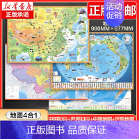 [正版] 少年儿童实用知识地图4合1 中国地图世界地图 卡通插画可折叠首都山脉河流 中国地图和世界地图 学儿童用客厅