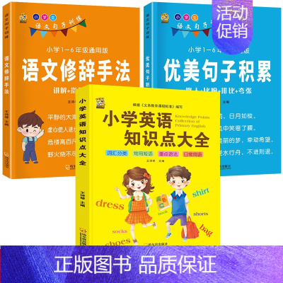 [3本]小学英语+优美句子+修辞手法 小学通用 [正版]小学英语知识点大全语法单词卡片汇总表句型作文示范大全词汇阅读英语