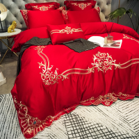 四件套婚庆棉大红色刺绣欧式冰丝棉床单绣花丝绸被套结婚床品