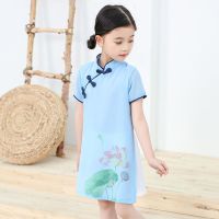 女童旗袍连衣裙夏装儿童礼服2021新款公主裙洋气裙子女孩古装汉服 蓝色款 90