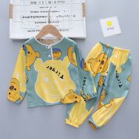 儿童睡衣棉绸薄款长袖长裤灯龙裤男孩女童宝宝小孩防蚊家居服套装 绿色 黄绿小熊 60码 建议身高70-80公分