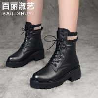 马丁靴女中跟2020秋冬新款鞋子女粗跟厚底英伦风春秋单靴加厚短靴 黑色(单里) 35