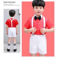 六一儿童演出服装幼儿园舞蹈蓬蓬纱裙小学生男女童表演合唱背带裤 红色 红色短袖+短裤+白背带+黑领结 110