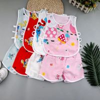 夏季男童女童薄绵绸背心小孩1无袖套装宝宝棉绸睡衣婴幼儿家居服 琵琶背心套装女孩颜色随机一件 小码建议3-8个月 身高65