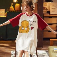 带胸垫睡裙女夏季棉质可外穿韩版清新学生可爱短袖睡衣女夏天宽松 W860开心熊(无胸垫) M码[80-100斤] 裙长86