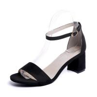 凉鞋女夏2021新款一字扣带罗马女士鱼嘴粗跟高跟鞋百搭性感鞋子女 黑色 34