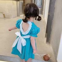 2021女童夏装新款露背韩版短袖儿童连衣裙女孩爱心蝴蝶结公主裙子 蓝色 90 建议身高(80-90cm)