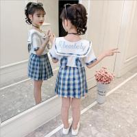 女童套装夏季2021新款儿童短袖短裙套装儿童百褶裙两件套学院风潮 蓝色裙子 110