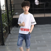 [T恤+牛仔短裤]童装男童夏装套装儿童男孩夏季中大童短袖两件套 白色 120码建议身高105-115cm