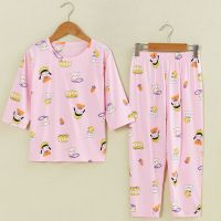 夏季薄款儿童睡衣套装男童女童小孩宝宝睡衣中大童家居服空调服 粉红色 粉底女孩 110 110码身高1米左右